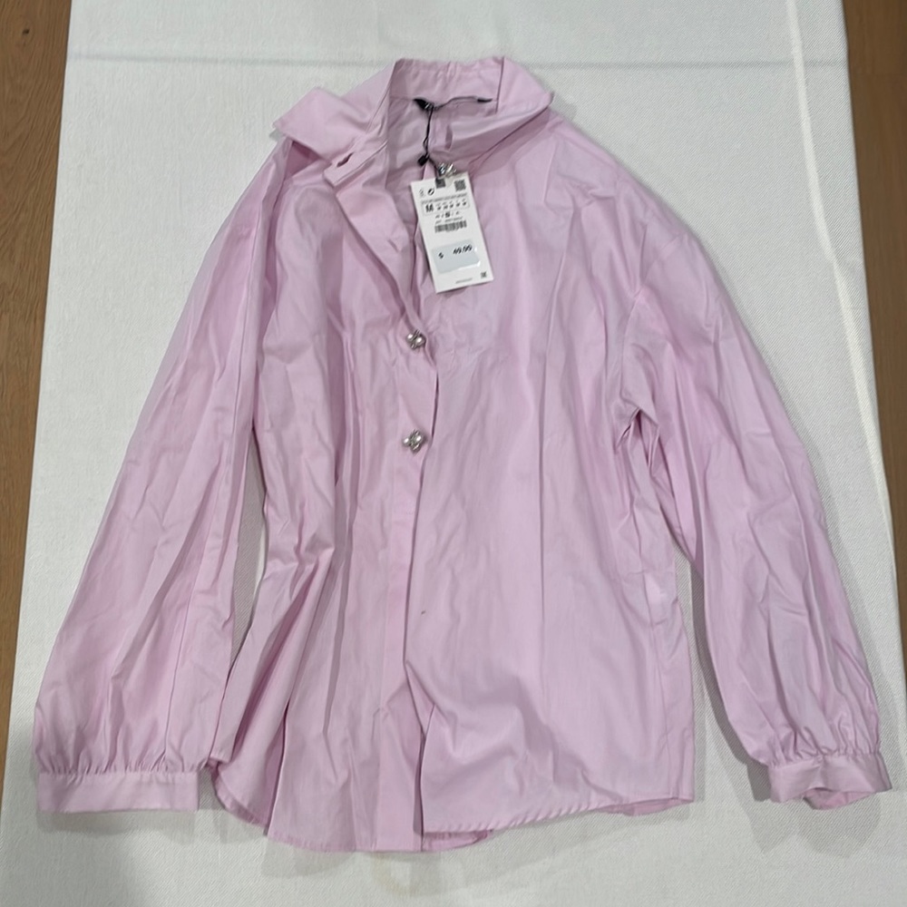Zara women’s embellished pink button down shirt.  Brand New .  Tags attached